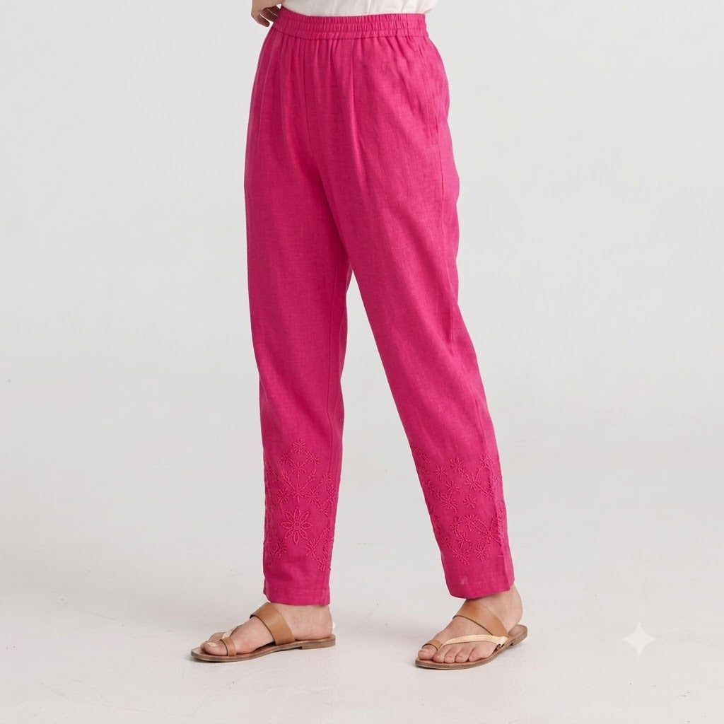 Shocking Pink Tapered Trouser with Embroidered Hem