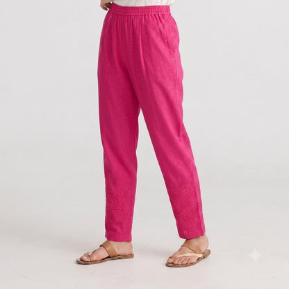Shocking Pink Tapered Trouser with Embroidered Hem