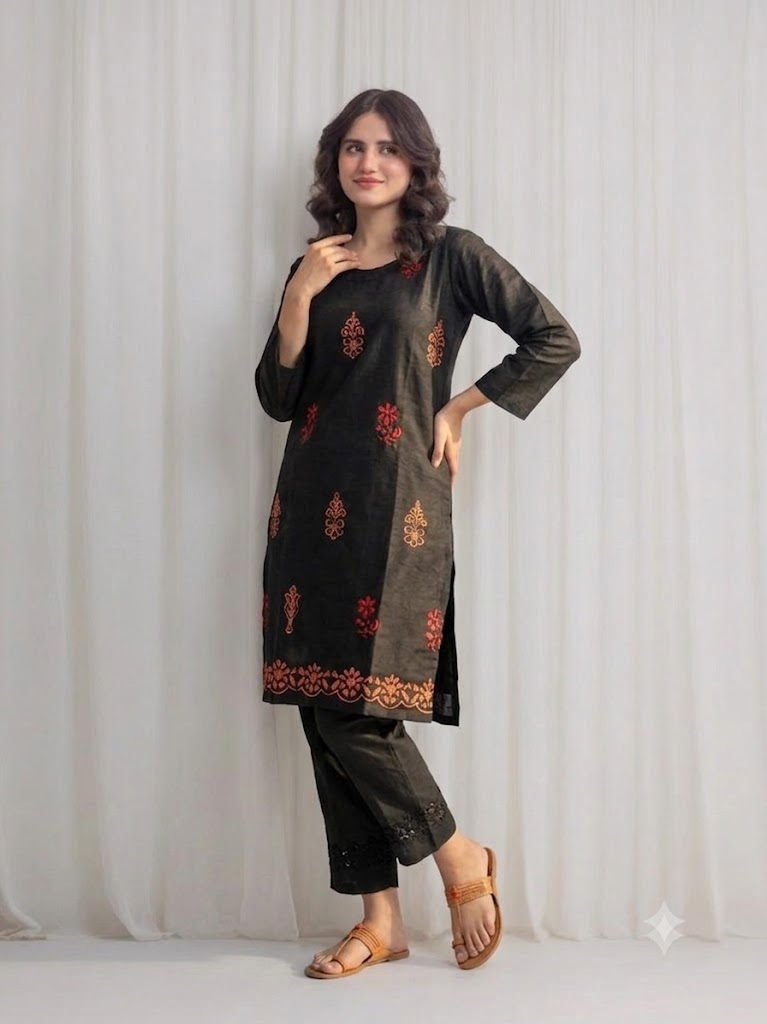 Women's black Embroidered Kurti –  Long Premium Cotton