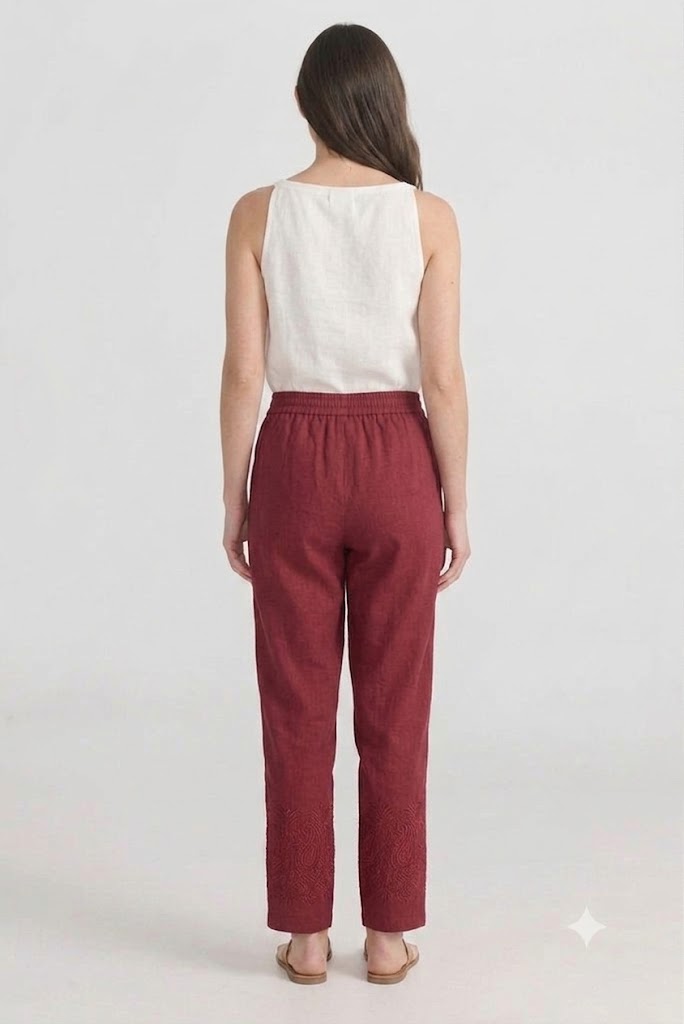 Crimson Red  Tapered Trouser with Embroidered Hem